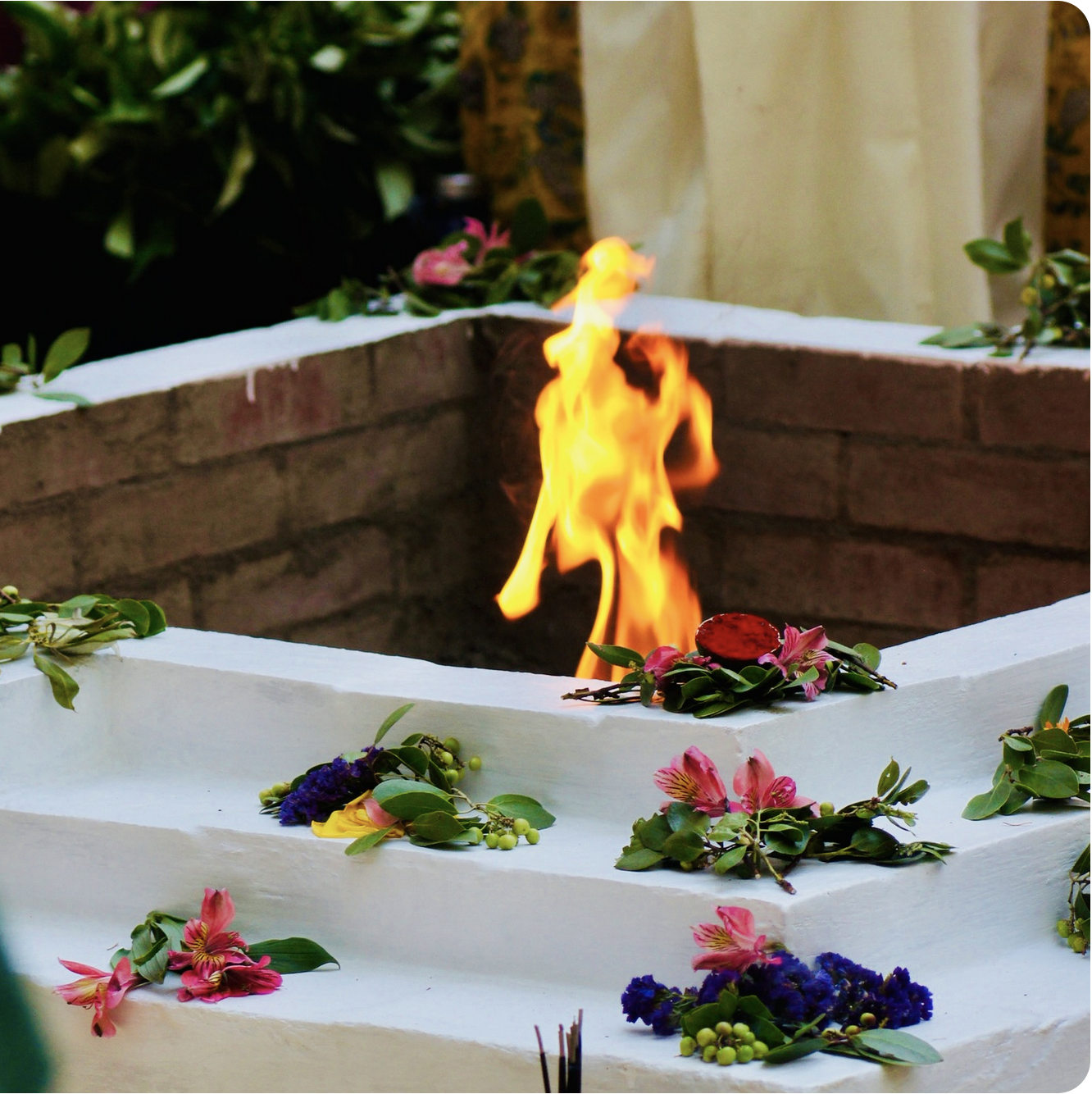 Vibrant flame in a sacred fire ceremony at the Divine Mother Center