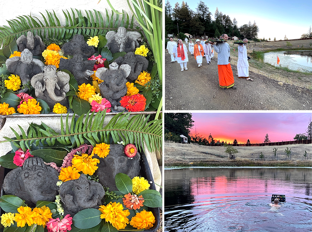 Collage with eco-friendly Ganesh statues being blessed, in procession to the Divine Mother Center's Lake Kaleshwar, and carrying out in the water in a Ganesh Chathurthi Holy Bath Immersion Ceremony