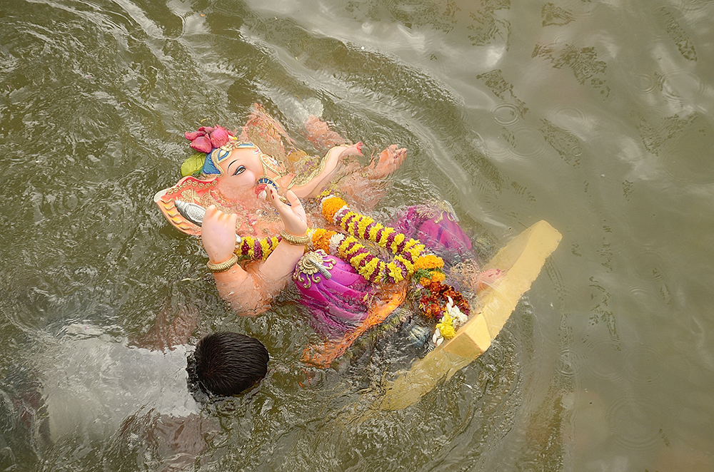 A person swimming with a Ganesh statue (murthi) in a holy bath immersion ceremony on Ganesh Chaturthi