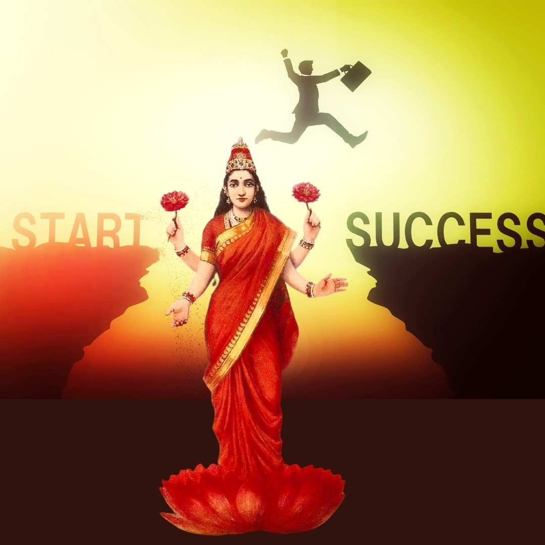 Image of person jumping a cliff from start to success with Maha Lakshmi's blessings