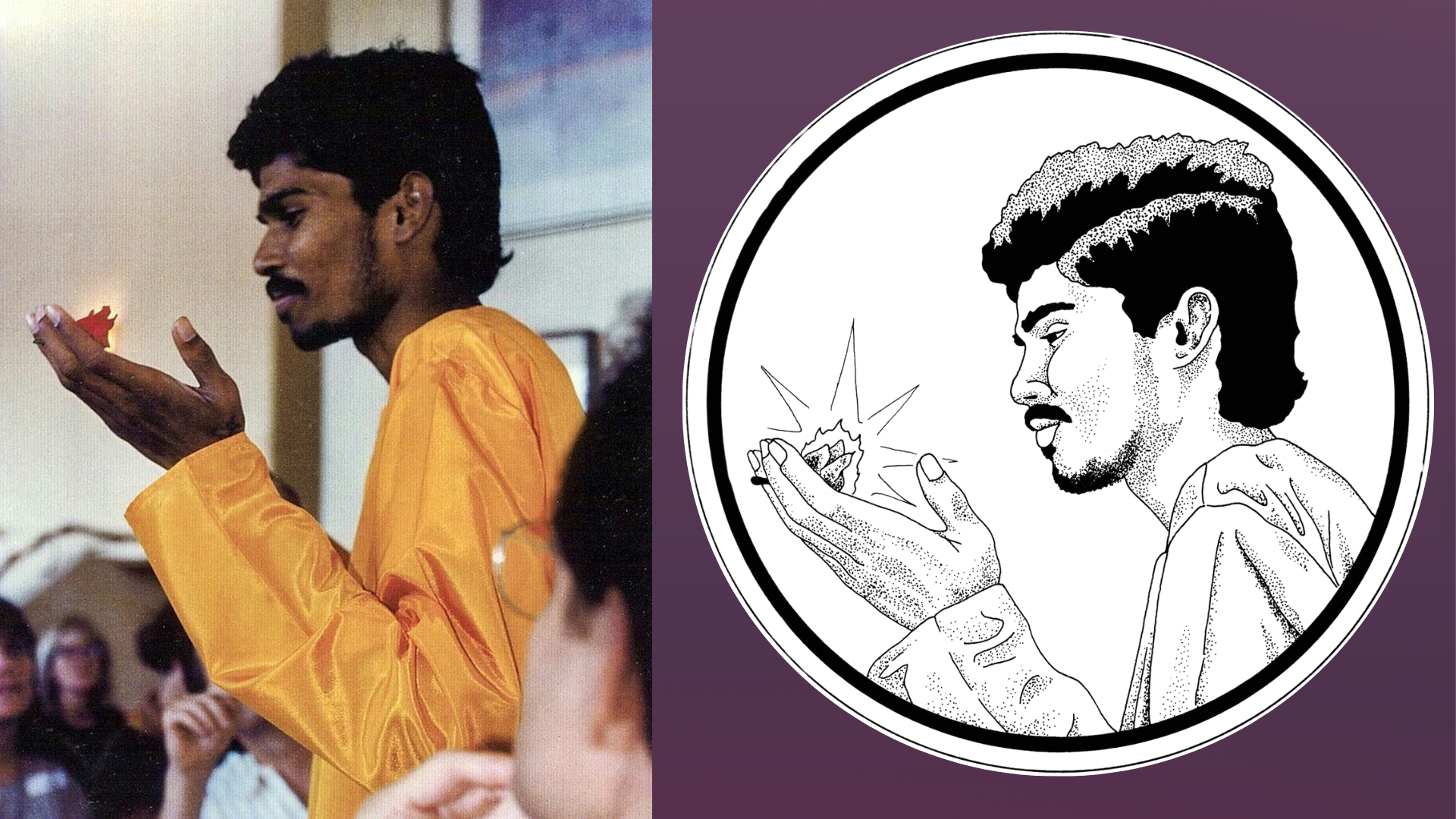 Sri Kaleshwar at Mill Valley, September 1997, and the line art drawn from the photograph for the back of the coin