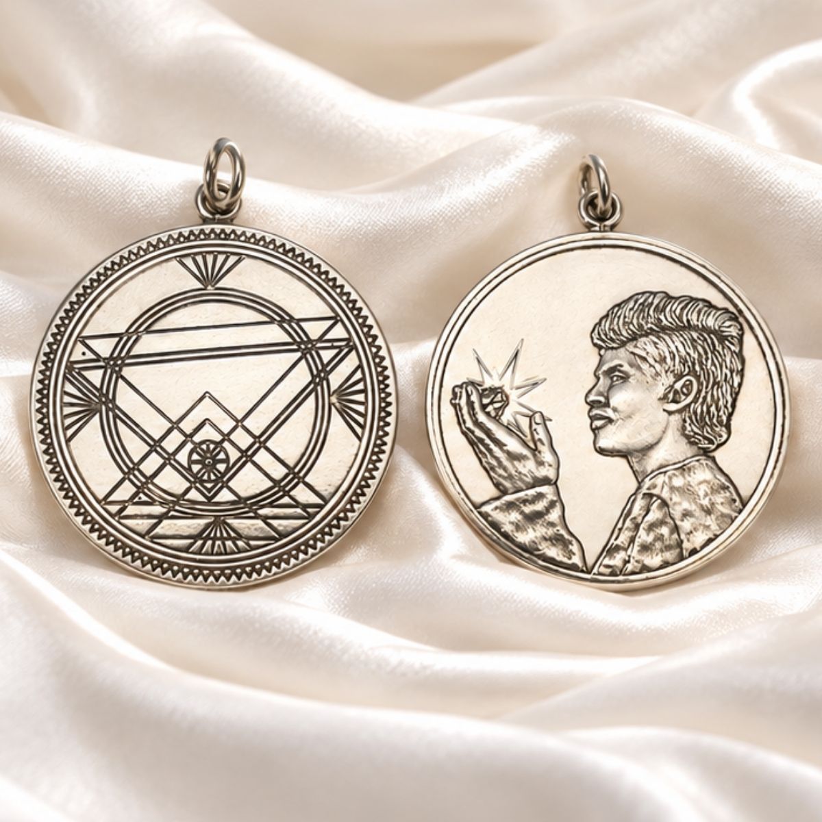 The Sri Chakra Relic Coin &mdash; the Sri Chakra on one face, Sri Kaleshwar&rsquo;s image on the other